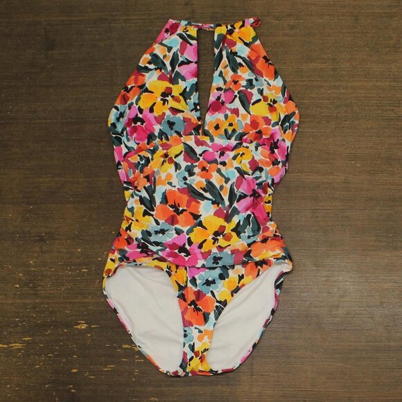 NEW Anne Cole Gradient High Neck One-Piece Swimsuit Gradient Floral Red Blue 10 - Picture 5 of 8